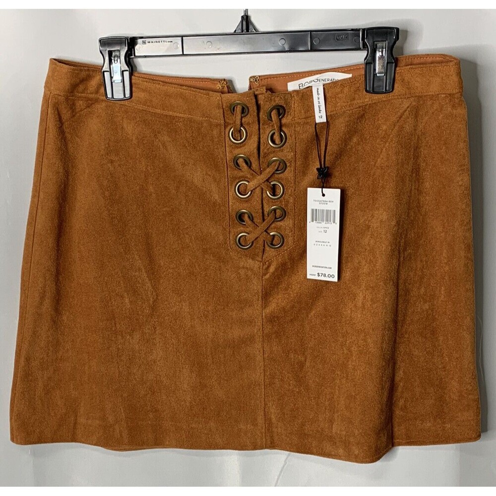 BCBGeneration Women’s Sz 12 Brown Faux Suede Lace-Up Mini Skirt New
